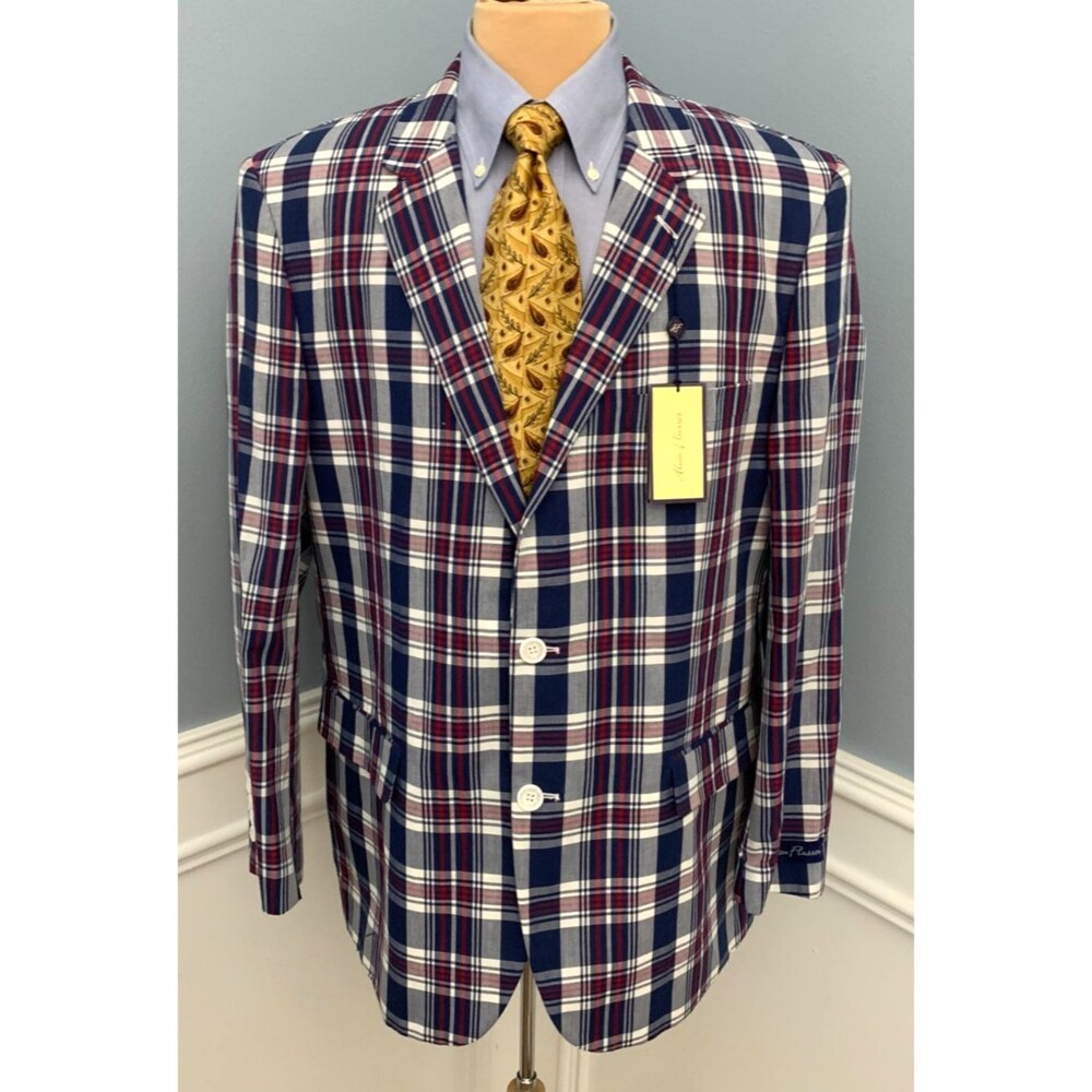 Alan Fusser Blazer Mens 46R Madras Plaid Cotton Preppy Jacket Sportcoat